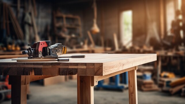 The interior of a carpentry workshop, an empty wooden table for carpenter work