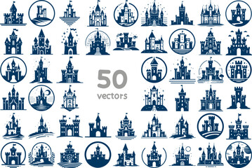 vintage castle collection of simple minimalistic stencil vector drawings - obrazy, fototapety, plakaty