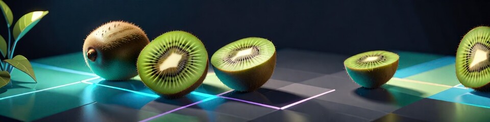Abstract kiwi fruit banner on glossy table on dark background