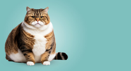 Fat cat on a colored background. Copy space.