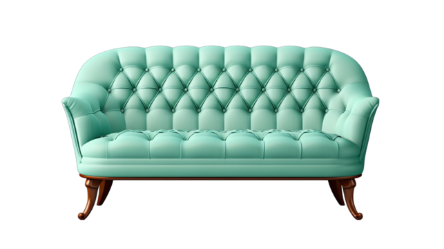Mint Green Vintage Couch Isolated on Transparent or White Background, PNG