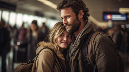 Fototapeta na wymiar Generative ai illustration of emotional farewell at an airport couple