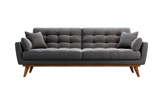 Slate Grey Minimalist Sofa Isolated on Transparent or White Background, PNG