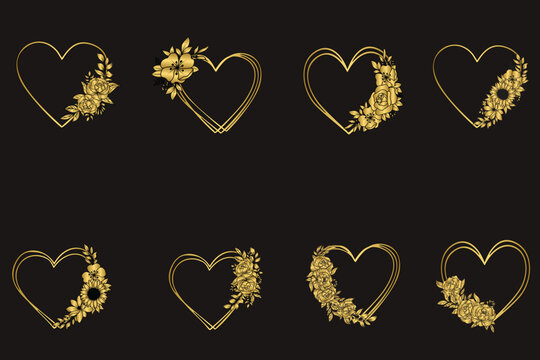 Set of golden floral heart frame, decorative heart flower frames
