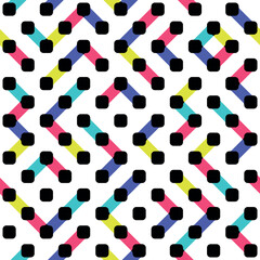 Seamless technical pattern of geometric dots and colored metaball lines