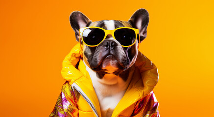Portrait of a dressed dog with glasses on a yellow background.