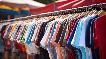 Buying a cheap cotton shirt on a hanger at a flea market