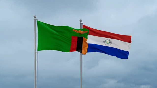 Paraguay flag and Zambia flag waving together on cloudy sky, endless seamless loop, two country relations concept
