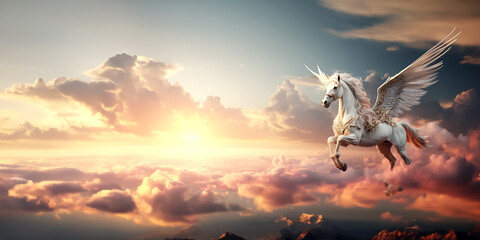 Unicorn warrior with wing on pink clouds with fantastic concept - obrazy, fototapety, plakaty