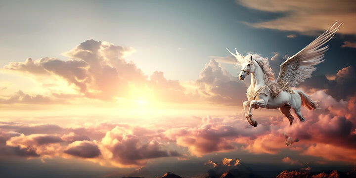 Unicorn warrior with wing on pink clouds with fantastic concept