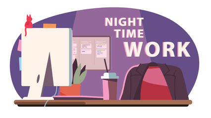 Empty workplace office desk with desktop computer, coffee cup. Night time work inscription, formal suit jacket on chair. Business workspace, working late, job occupation flat vector illustration