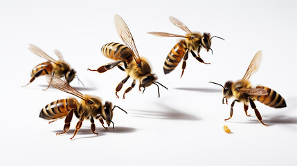 Group of honey bees on white background. Generative AI.
