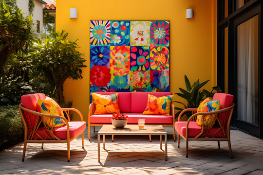  colorful outdoor patio with patio furniture on patio set ai generative