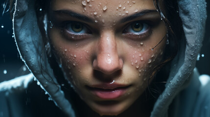 Digital portrait of a muscular young boxer woman, hands protecting her face, drops of sweat on her face - obrazy, fototapety, plakaty