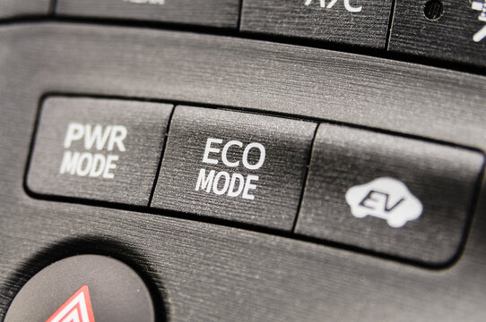Power mode, Eco mode, and Electric Vehicle (EV) mode buttons on a 2012 Toyota Prius