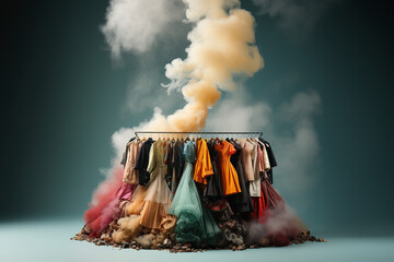 colorful mound of assorted clothing emitting a thick, yellowish smoke into the air, evoking the pollutive nature of the fast fashion industry.
 - obrazy, fototapety, plakaty