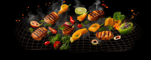 Vegetable on grill. Flying peaces of vegetables