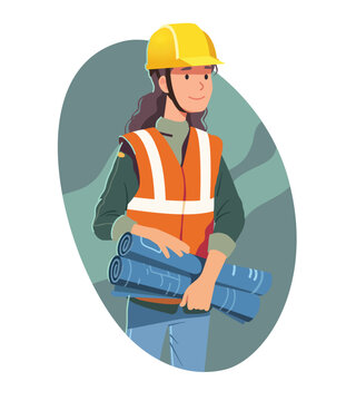 Architect constructor woman holding construction work project blueprint drawing. Constructing engineer builder person in safety helmet, vest. Building industry worker flat vector illustration