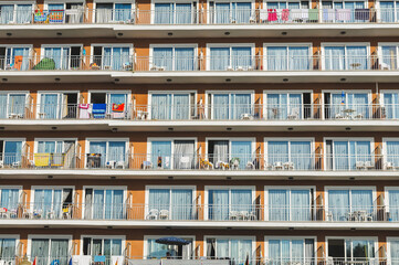 Typical balconies of a Spanish hotel during the tourist season