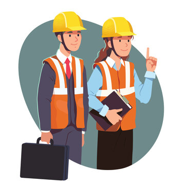 Construction manager man, constructing engineer builder woman. Constructor, architect or supervisor persons in safety helmets, vests. Building industry management workers flat vector illustration