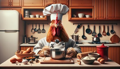 Chicken as chef cooking in the kitchen - obrazy, fototapety, plakaty