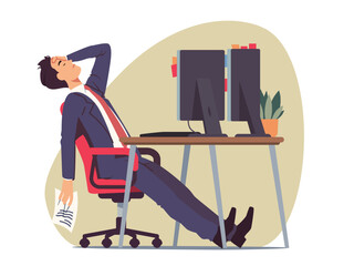 Stressed business man with financial recession problem in office. Frustrated person touching forehead at desk with desktop computers. Loss crisis, career failure, bankruptcy flat vector illustration