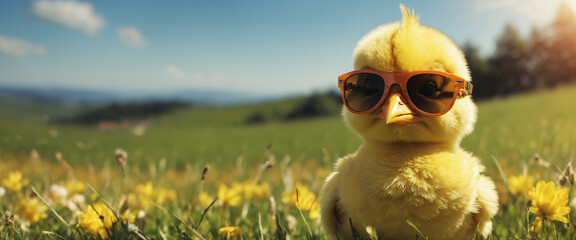 Adorable chick wearing sunglasses in a spring meadow - obrazy, fototapety, plakaty