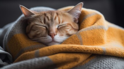 The cat sleeps in a blanket