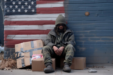 Homeless person on urban street, American flag backdrop, poignant social issue
 - obrazy, fototapety, plakaty
