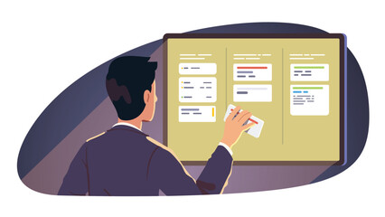 Business man placing task note on agile scrum board application table on big computer screen. Manager person character planning work. Project management software app concept flat vector illustration