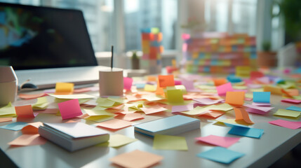 Sticky notes on the desk with laptop in the office, business concept - obrazy, fototapety, plakaty