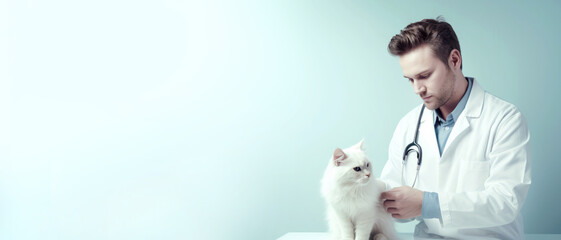Veterinary cat examination in medical clinic. Vet male man docto