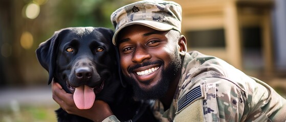 Young happy African American War veteran hugs his dog - obrazy, fototapety, plakaty