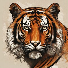 _Create a detailed vector artwork showcasing a tiger's majestic presence. Emphasize the equal distribution of complexity between the tiger's majestic form, the dense jungle foliage, and the dappled su