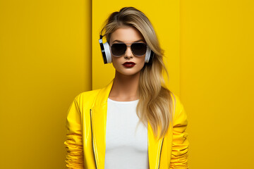 young woman in yellow jacket and sunglasses listening to music with headphones on yellow background