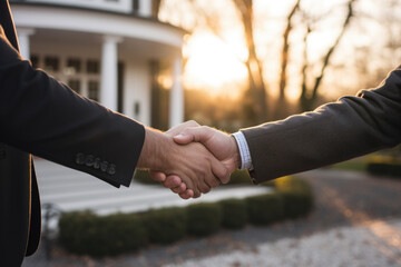 Close-up of two men handshake on the driveway of a white house for a real estate deal - obrazy, fototapety, plakaty