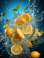 Lemon commercial photography with water splash photography effect, fruit commercial photography