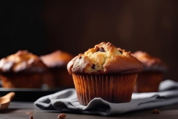 Homemade muffins with raisins and chocolate on a black background