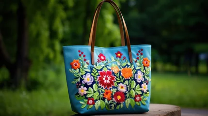 Poster Elegant handbag in the garden. Handbag with flowers © Sariyono