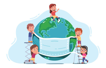 Children protecting Earth from coronavirus. Boys, girls kids persons put protective mask on world globe stopping COVID pandemic spread. Global corona virus safety concept flat vector illustration
