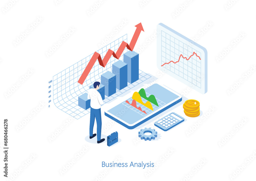 Poster isometric business man working for data analytics and monitoring on web report dashboard monitor and