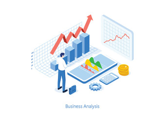 Isometric business man working for data analytics and monitoring on web report dashboard monitor and business finance. illustrator vector