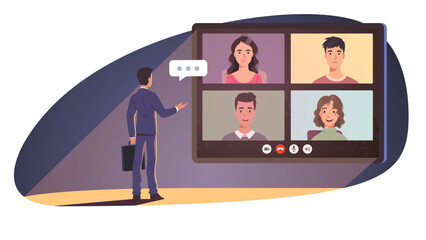 Business man talking with partners online by video conference call on big tablet computer screen. Person meeting with colleagues remotely. Distance communication concept flat vector illustration