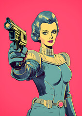 Cyborg woman holding a futuristic gun, retro style, old sci-fi comic book