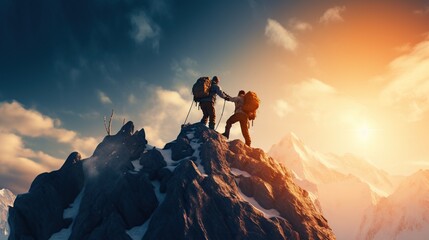 Two climbers join hands to help climb a rock reaching the top of a mountain at sunset - obrazy, fototapety, plakaty