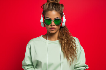 Obraz na płótnie Canvas Young beautiful woman in glasses and headphones on bright colored background