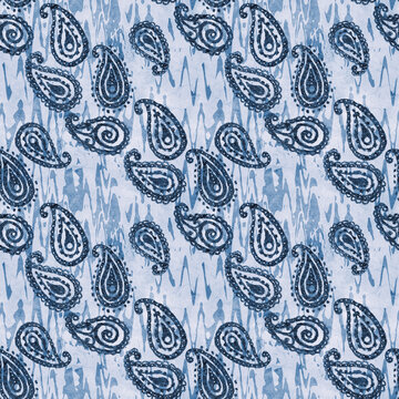 Traditional paisley ornament. Seamless pattern of blue paisley on a light textured abstract background, hand-drawn graphics