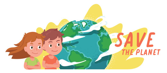 Volunteers children saving Earth planet. Determined activists boy, girl kids persons protecting world globe sphere. Environment protection poster, ecology conservation concept flat vector illustration