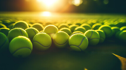 Closeup of a plenty of tennis balls on an empty tennis court, the sunshine. Sports lifestyle concept. Generative AI - Powered by Adobe