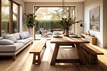 Fototapeta premium Rustic Feast Modern Farmhouse Dining Room with Inviting Table and Bench. created with Generative AI